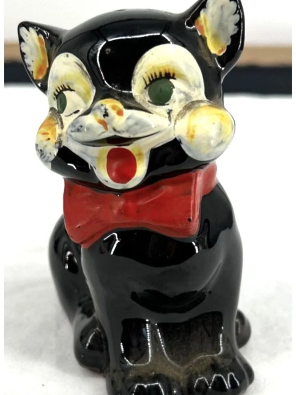 Black Cat Salt and Pepper Shakers Red Bows Ceramic Redware 4.75